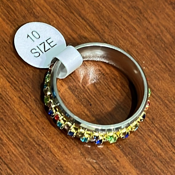 NWT multi-colored faux gemstones SILVER tone spinner ring, Men/Women size 10 - Picture 8 of 8